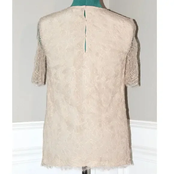 Adam Lippes Lace Blouse Nude Beige Short Sleeve Lined Top Women Size 2 - Picture 4 of 5